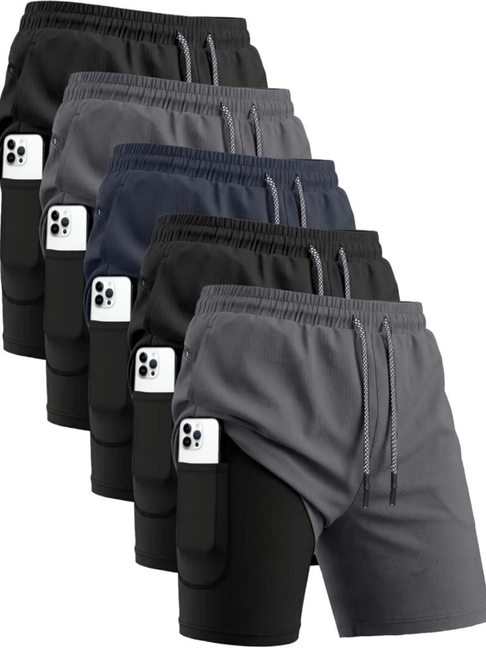 Men's 2-in-1 Running Workout Shorts, 5 Pack, Compression Liner, Activewear